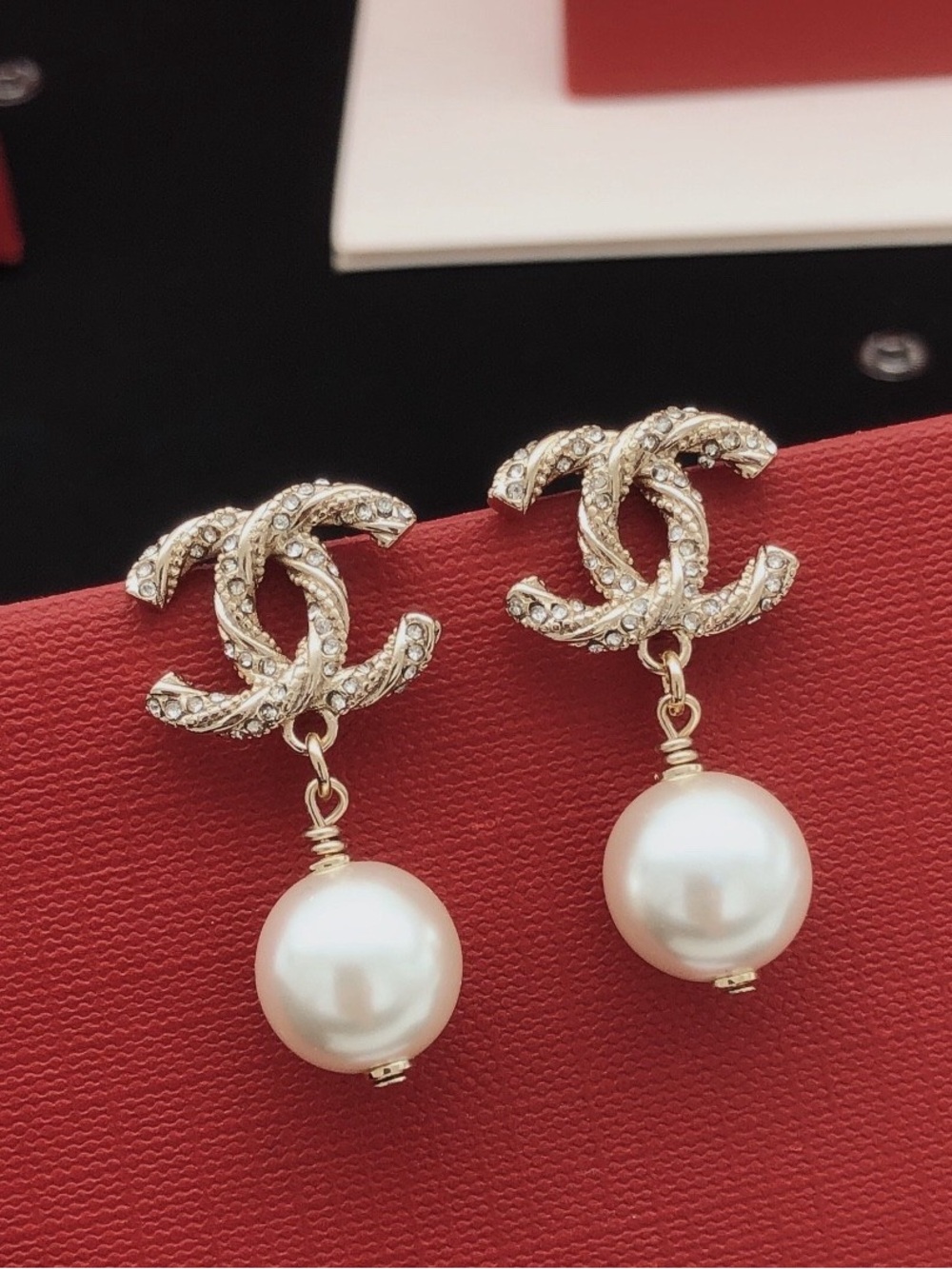 CHANEL Gold Crystal CC Logo Earrings with White Pearl Drops